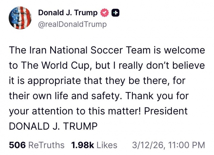 v体育-特朗普：欢迎伊朗参加世界杯，但为了生命安全不建议他们参加